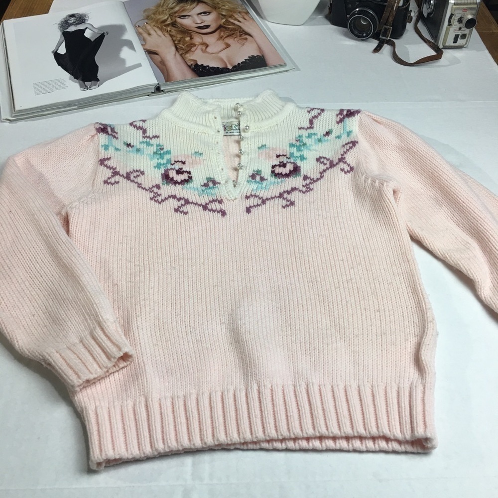 Vintage Ricki Floral Cottagecore Sweater Pink Pearl Button Knit Women’s M